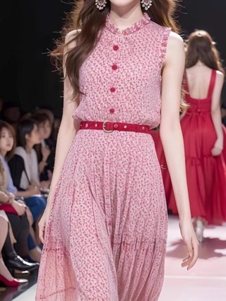 夏季女裝洋裝# 茶歇法式長裙高級精緻度假風紅色無袖碎花洋裝女2024年夏季新款 新款上市時尚靚裝#