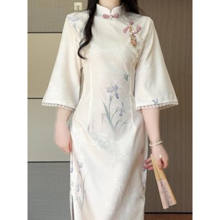【店鋪熱銷】 ♞抹茶 2025年 春季 新款 高階 改良 旗袍 新中式 花朵 倒大袖 年輕 少女 長裙