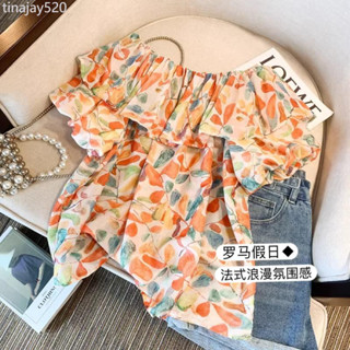 【店鋪熱銷】多巴胺大碼150.0kg荷葉邊碎花短袖襯衫女夏季寬鬆胖m顯瘦一字肩上衣