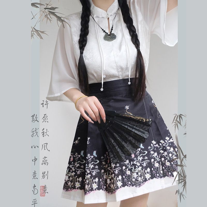 短版印花日常馬面裙短裙襯衫兩件套漢元素古風新中式