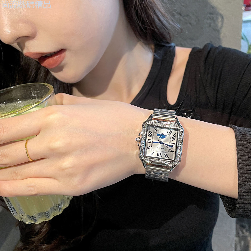 日月星辰手錶女滿鑽全自動純機械錶輕奢小眾2024時尚方形新款女表精鋼