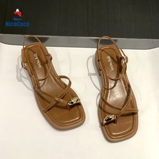 【2024新品】粗跟百搭仙女風細帶涼鞋女 新款夏季網紅一字扣帶夾趾羅馬涼鞋 粗跟復古時尚沙灘涼鞋