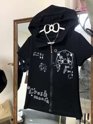 臺灣出貨 免運 日係可愛 亞文化 y2k 甜辣短袖 T卹 女韓版 軟妹 貓耳朵 連帽外套 拉鍊開衫