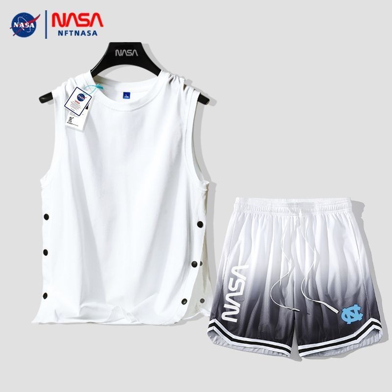 男士時尚帥氣T恤 NASA聯名夏季冰絲情侶套裝男無袖T恤背心籃球運動五分褲兩件套