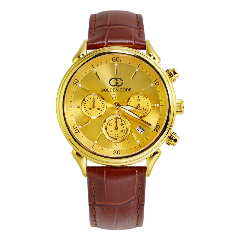 金錶男足金黃金手錶進口機芯真皮錶帶三眼錶盤男士腕錶夜光