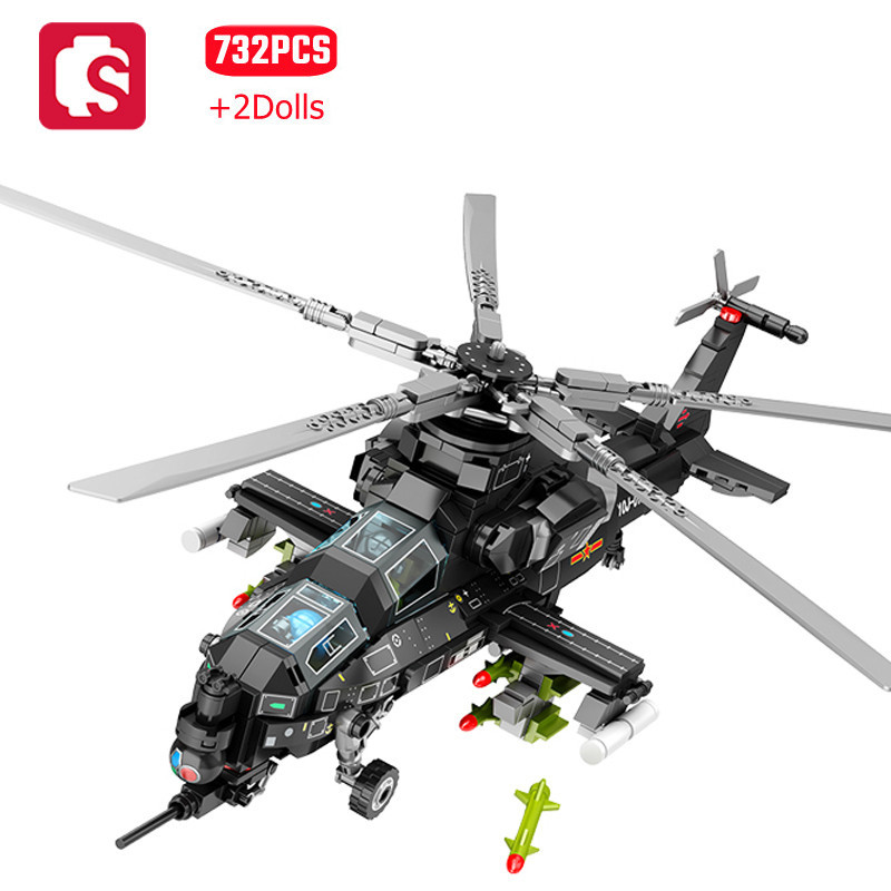 Sembo 732 件 WZ-10 直升機組裝積木 MOC 武裝飛機飛機士兵模型積木男孩玩具