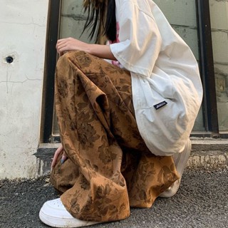 【T-2】🖤 新品現貨 / 日系 街頭 燈芯絨 復古 玫瑰印花工藝 寬褲 直筒 垂感 闊腿 休閒長褲
