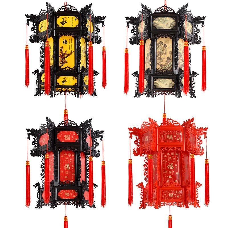 中式仿古LED旋轉龍燈宮廷燈六角插電塑膠中國風陽臺古典紅燈籠