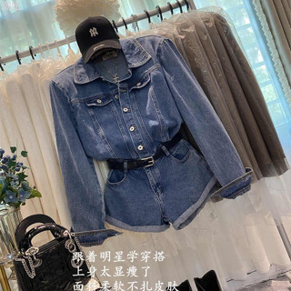潮妞 氣質復古春裝藍色牛仔連身褲女復古高腰連身寬版短褲長袖襯衫套裝