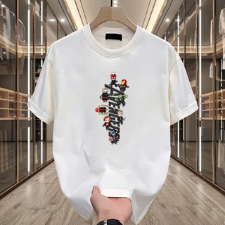 【大碼】短袖黑白圓領印花T恤情侶透氣220Gsm上衣卡通純棉華夫格中性2025搞笑時尚襯衫