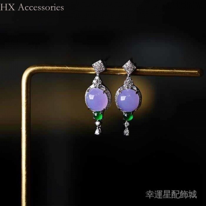 HX Accessories- [玉]銀耳環 天然紫玉髓紫羅蘭s純銀鑲嵌厚莊玉髓蛋面耳墜精緻時尚配件 首飾 禮物
