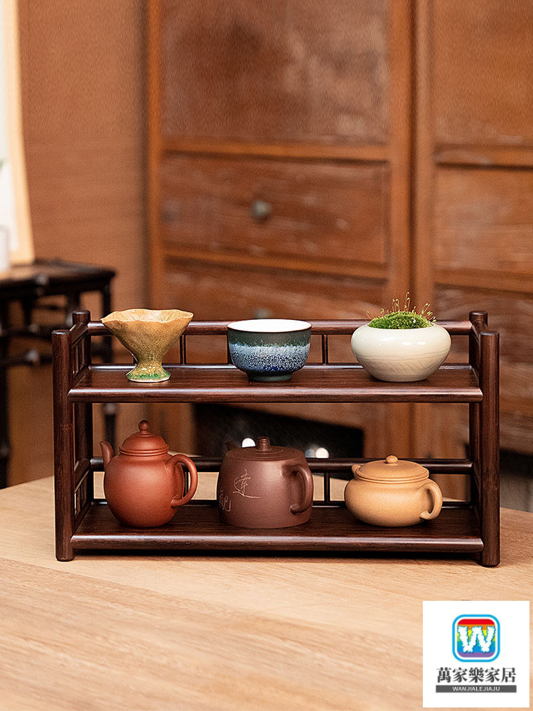 【萬家樂】  桌上小博古架40cm長茶台上茶壺收納架實心楠竹雙層茶具展示架
