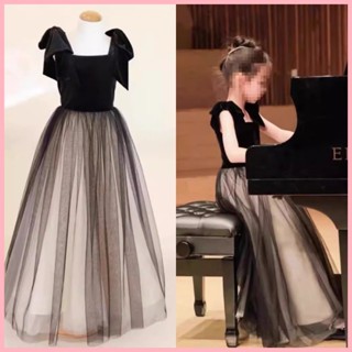 【寶島萬象集】 女童禮服 中大童黑色長禮服 少女無袖氣質晚禮服 小提琴 直笛 鋼琴演奏 音樂會小禮服 拼接長紗裙