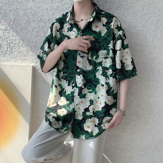 S-8XL 日系復古碎花襯衫男春夏季短袖襯衫寬鬆ins潮流垂墜感痞帥衣服休閒花襯衫印花短袖個性寬鬆復古男女情侶裝沙灘泰國