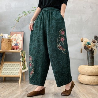 爆款現貨 刺繡提花寬褲女 棉麻繡花高腰寬鬆刺繡褲子女 民族大尺碼寬褲女 提花長褲女 極速出貨