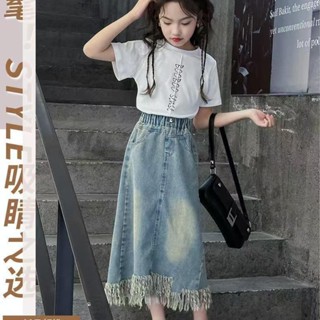 現貨 新品熱賣 女生中長款牛仔半身裙 【1736人收藏】女童牛仔半身裙2024新款大兒童洋氣時髦韓版流蘇長裙兩件套牛仔裙