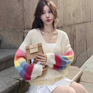 女生衣著 韓版針織衫 韓版寬鬆毛衣女 彩虹針織小外套開學季新款上衣寬鬆設計甜美毛衣學院風短版外套