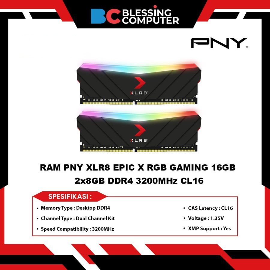 ♞,♘內存 PNY XLR8 EPIC X RGB 遊戲 16GB 2x8GB DDR4 3200MHz CL16 黑色