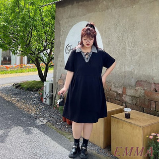 大尺碼洋裝夏季胖mm顯瘦遮肉裙女小眾設計感小翻領連身裙 韓版polo領不規則綁帶短袖連衣裙氣質百搭簡約通勤ins洋裝