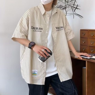 【小溪】 日系復古條紋短袖襯衫男2023年夏季薄款寬鬆bf風休閒情侶襯衣外套