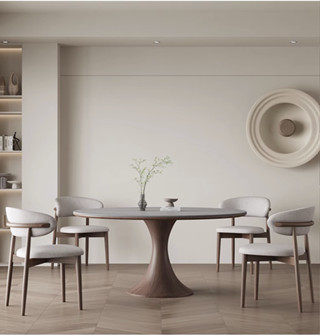 【免運】 實木岩板圓形餐桌附轉盤餐桌椅設計師組合現代簡約胡桃木圓桌
