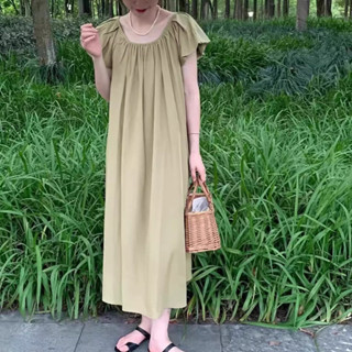 素面短袖洋裝 夏季鏤空洋裝 時尚寬鬆長裙
