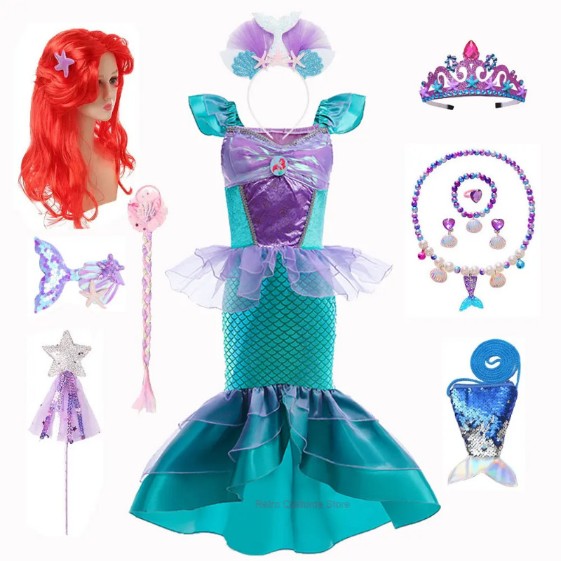 女孩公主美人魚服裝連衣裙小女孩公主美人魚服裝角色扮演萬聖節聖誕派對服裝