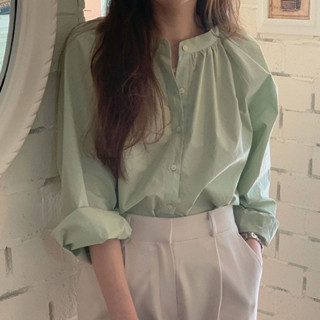 甜美圓領襯衫女寬鬆2023秋季新款法式減齡薄荷綠上衣百搭長袖襯衣
