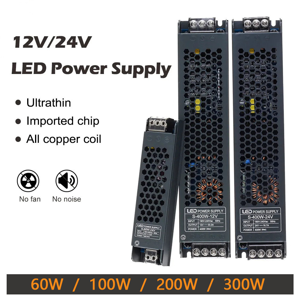 ♞TRANSFORMERS 高品質超薄 LED 照明變壓器 DC 12V 24V 電源 60W 100W 200W 30