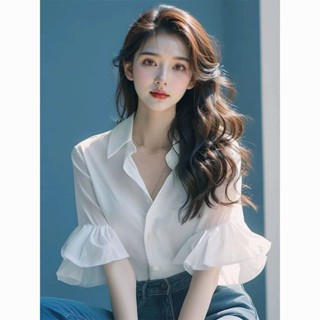 【襯衫】 法式白色荷葉袖上衣女夏緊身