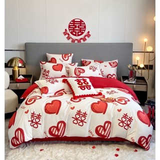 新婚房用床包組 紅色結婚床單 雙人 加大床包四件組 婚禮用紅色床單 床罩 被單