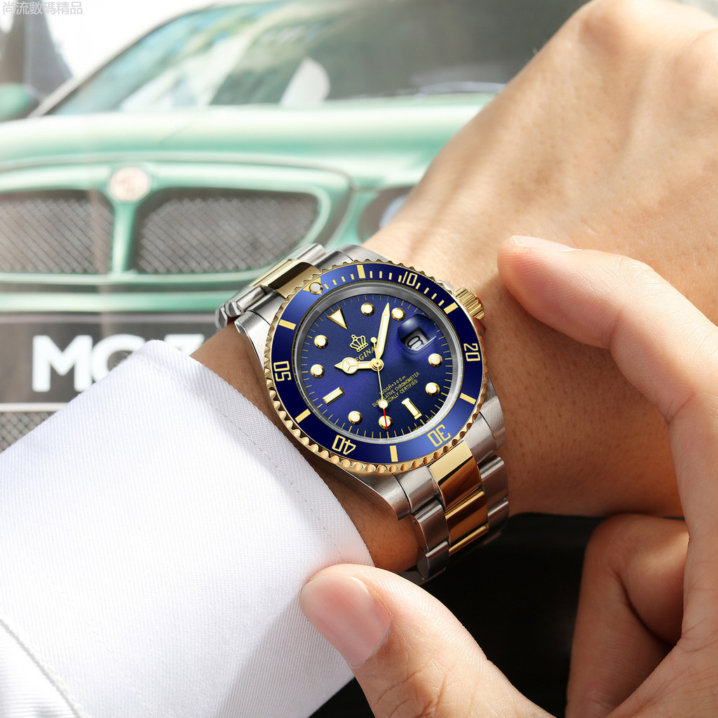 商務男士手錶日曆腕錶高級簡約石英機芯防水精鋼旋轉圈口藍水鬼學生運動表圓形不鏽鋼