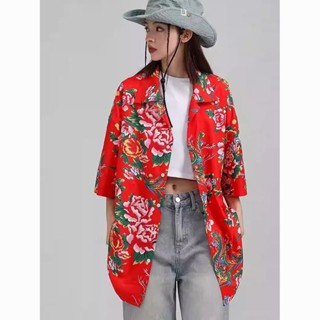 現貨速發 東北花襯衫短袖 女短袖 襯衫設計感小眾東北大花復古新中式國風沙灘襯衫上衣外套夏