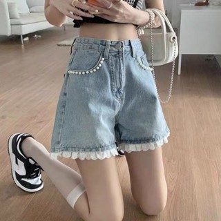 辣妹牛仔短褲女夏季2025新款蕾絲花邊釘珠高腰顯瘦闊腿A字小個子