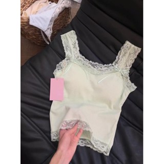 現貨秒發 ♞,♘廣州十三行爆款~華夫格蕾絲邊吊帶背心女夏季減齡蝴蝶結美背上衣