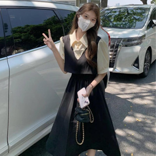新品 速發 學院風 假兩件洋裝 Polo領洋裝 短袖連身裙 女學生韓版寬鬆中長款小黑裙夏季