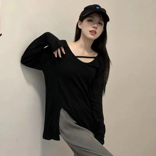 慵懶風V領長袖T卹女秋季新款設計感小眾開叉寬鬆上衣港風打底衫潮