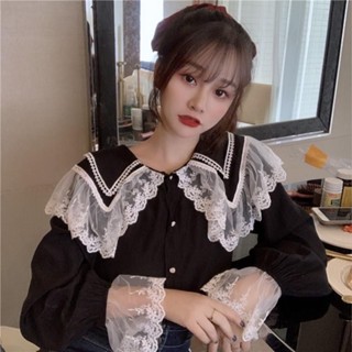 現貨 新品熱賣 女生氣質蕾絲拼接襯衫 秋季韓版2024新款寬鬆洋氣娃娃領蕾絲花邊單排扣長袖襯衫上衣女裝