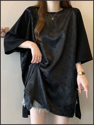 女中長款短袖上衣寬鬆T恤大尺碼d 特大尺碼2-300斤胖MM國風拼接盤扣短袖T恤夏大尺碼新式顯瘦開叉上衣