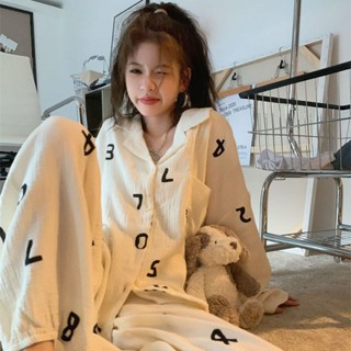 【尚品】 【30天熱銷1415件】簡約休閒嬰兒棉睡衣女春秋長袖長褲冬季印花數字家居服兩件套裝潮