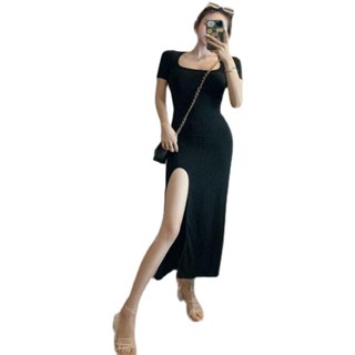 女生衣著 新款夏季長裙法式小個子收腰顯瘦開叉性感緊身氣質方領洋裝女潮 氣質長裙