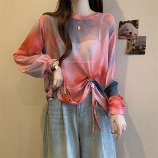 現貨 新品熱賣 女生夏季大尺碼防曬罩衫 大尺碼胖MM設計感抽繩扎染防曬衫女網紗透視罩衫T恤夏季長袖薄上衣
