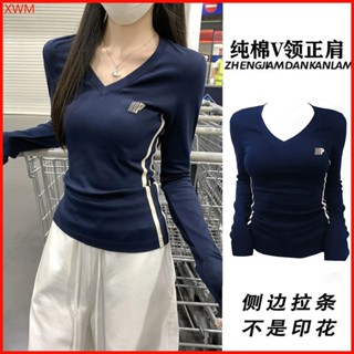 S-XL 40kg-70kg-100%純棉料 100%純棉V領織帶辣妹運動薄款長袖t卹女秋冬季美式修身顯瘦上衣女