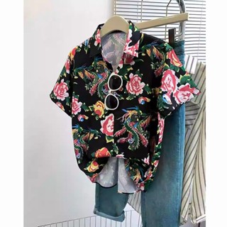 現貨速發 東北花襯衫短袖 襯衫新中式東北大花襯衫女夏季薄款短袖 上衣