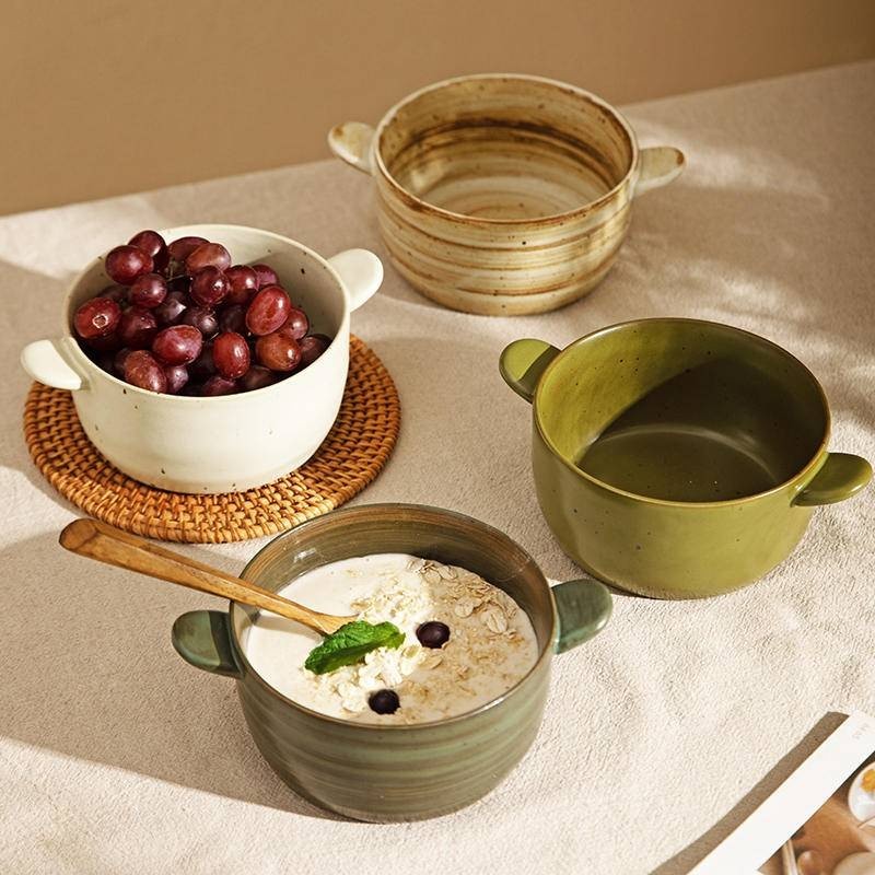 粗陶雙耳湯碗陶瓷創意日式復古焗烤碗特別好看的湯麵碗
