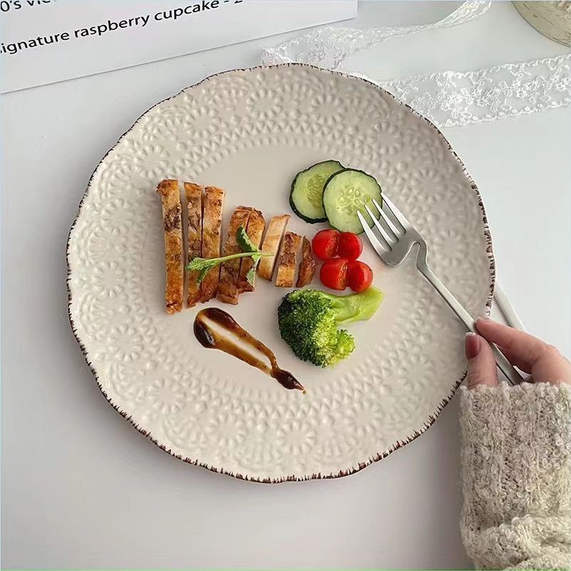 花邊家用盤子 韓系浮雕西餐盤 創意甜品盤
