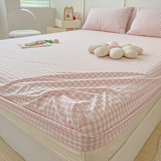 粉紅小格 日式無印風格子超柔水洗棉床包 單人/雙人/加大床包 床罩 枕套 親膚透氣 帶鬆緊帶 防塵罩 白色床包 保護套