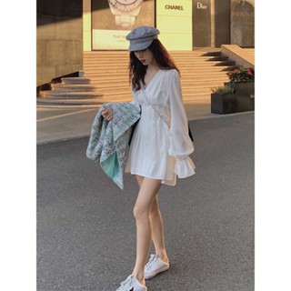 【壹禾YIHOO】長袖洋裝 法式初戀桔梗裙復古超仙連衣裙V領小個子溫柔chic仙女裙襯衫裙女