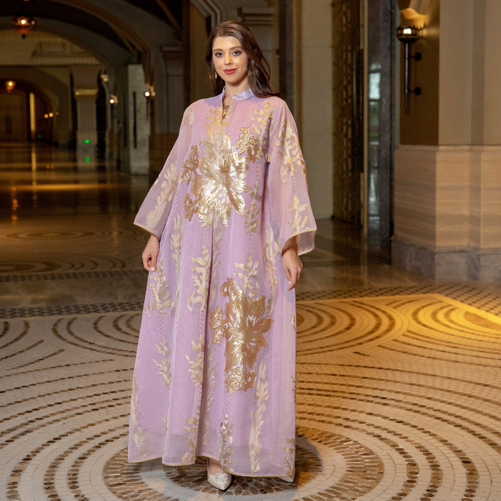 ♞AB056 2023歐洲禮服穆斯林洋裝夏季abaya時尚珠片中東外貿女裝