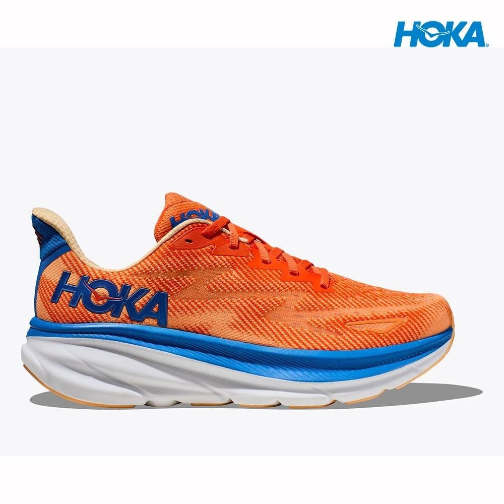 [尺碼歐元] Hoka 男士 Clifton 9 寬跑鞋 Vibrant Orange / Impala